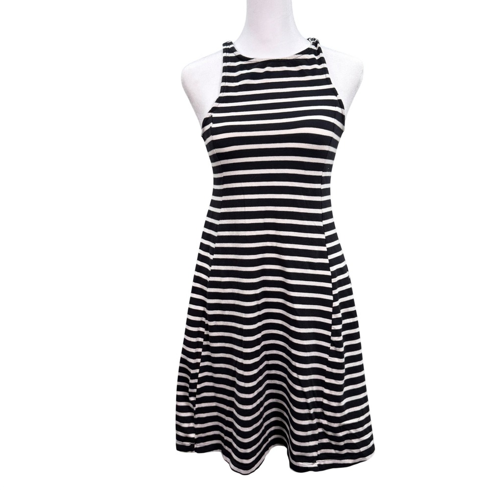 Old Navy Dress Fit & Flare Cotton Stretch Small Black White Striped Casual